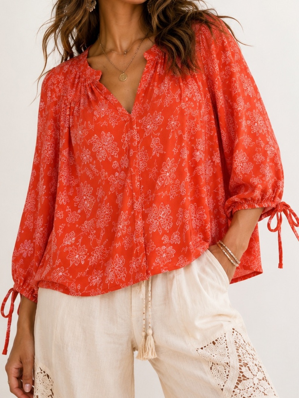 Collective Concepts Rust Orange Floral Tie-Sleeve Blouse